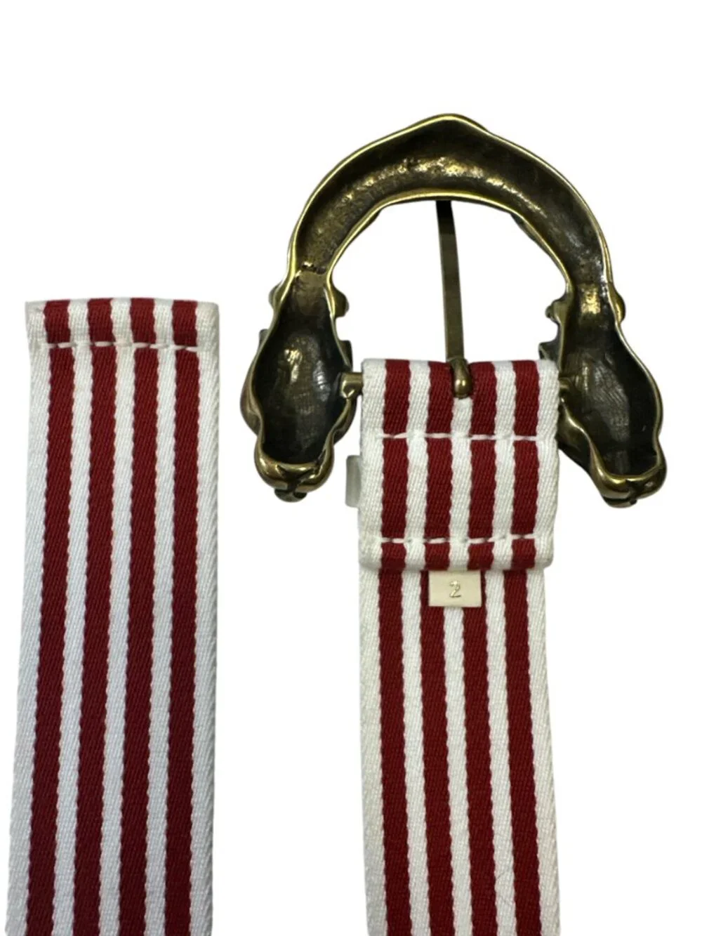 Brass Jaguar Head Buckle Red White Stripe Statement Belt Womens